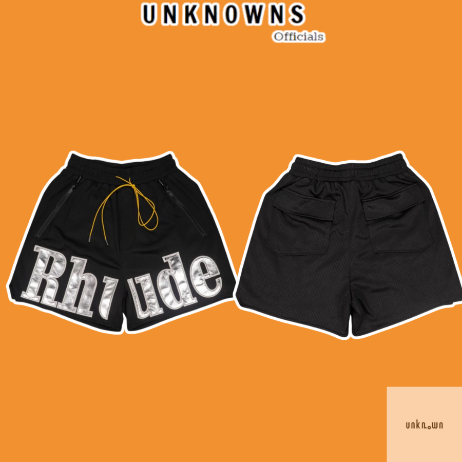 [คุณภาพกระจก] -Rhude ผ้าหนังปักกางเกงขาสั้นตาข่ายสีดํา, คุณภาพสูงโลโก้เงิน unisex R.hude กางเกงขาสั้