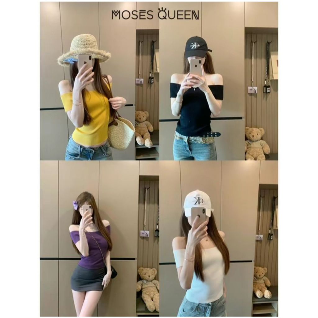 เสื้อยืดถัก MoseQueen สไตล์สาวฮอต ไหล่เดียว แขนสั้น ทรงเข้ารูป 59954
