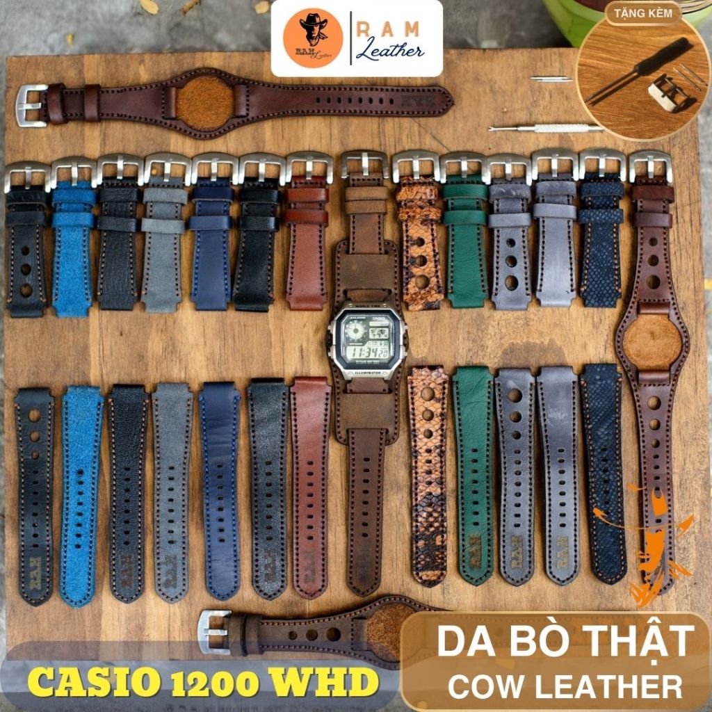 สายนาฬิกาสําหรับ CASIO AE1200, AE 1200, 1300 WHD, 18mm Strap Super Durable Handmade RAM Leather