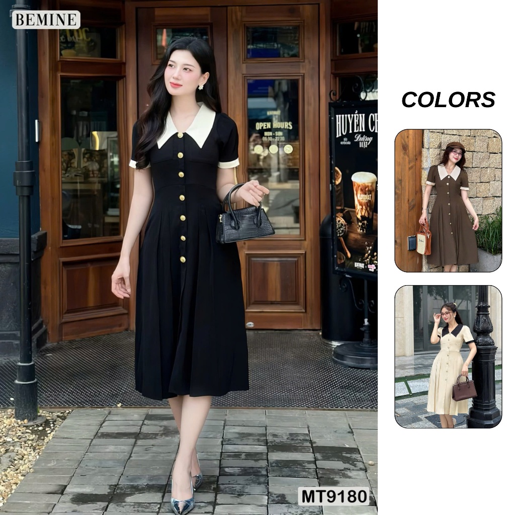 BEMINE MT9180 เดรสดีไซน์ปกบัวติดกระดุมผ่าหน้า