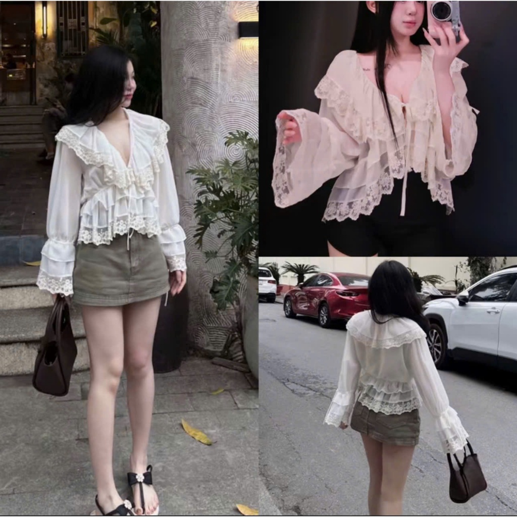 ซินมอน เสื้อลูกไม้สีขาวแขนยาว, เสื้อลูกไม้ผู้หญิงคอกลมหลวม, เสื้อลูกไม้เลดี้หรูหราที่มีสไตล์วินเทจหว