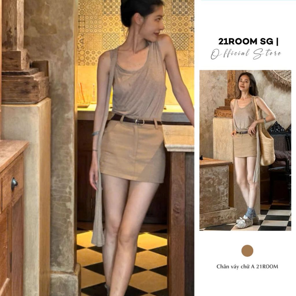 V88 [INCLUDED] กระโปรงบานทรงเอสีน้ําตาลสําหรับผู้หญิงมีกระเป๋า 21ROOM 2 ชั้นสไตล์เกาหลีขั้นพื้นฐาน