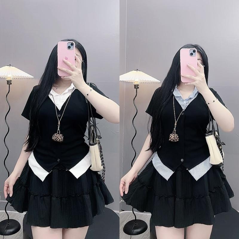 ชุดเสื้อเชิ้ตไซส์ใหญ่สําหรับผู้หญิง 60–90 กก. วัยเด็ก & กระโปรงบานไซส์ใหญ่น่ารัก – SET SM185-CV409