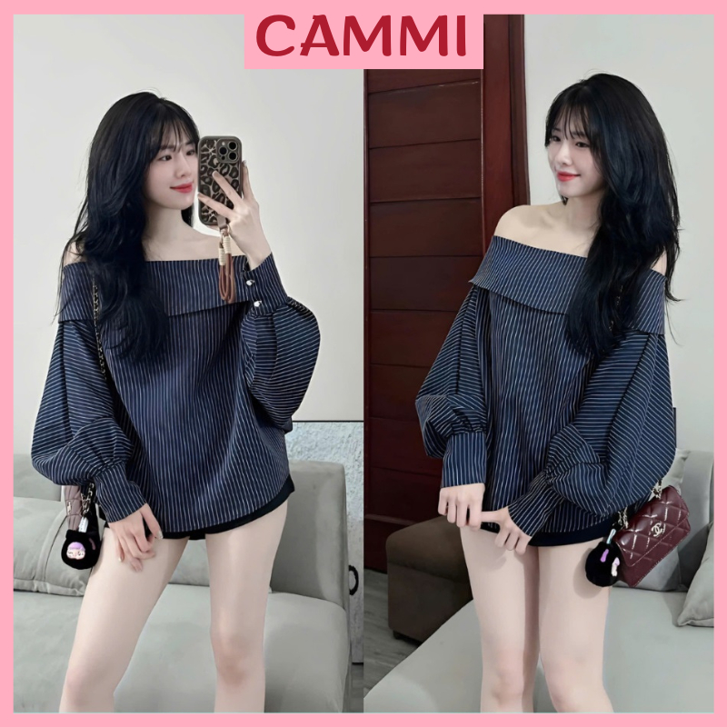 เสื้อปาดไหล่ลายทางแนวตั้งสีเขียวไขว้ไทยแขนพัฟทรงหลวมปีกตก ฮ่า79
