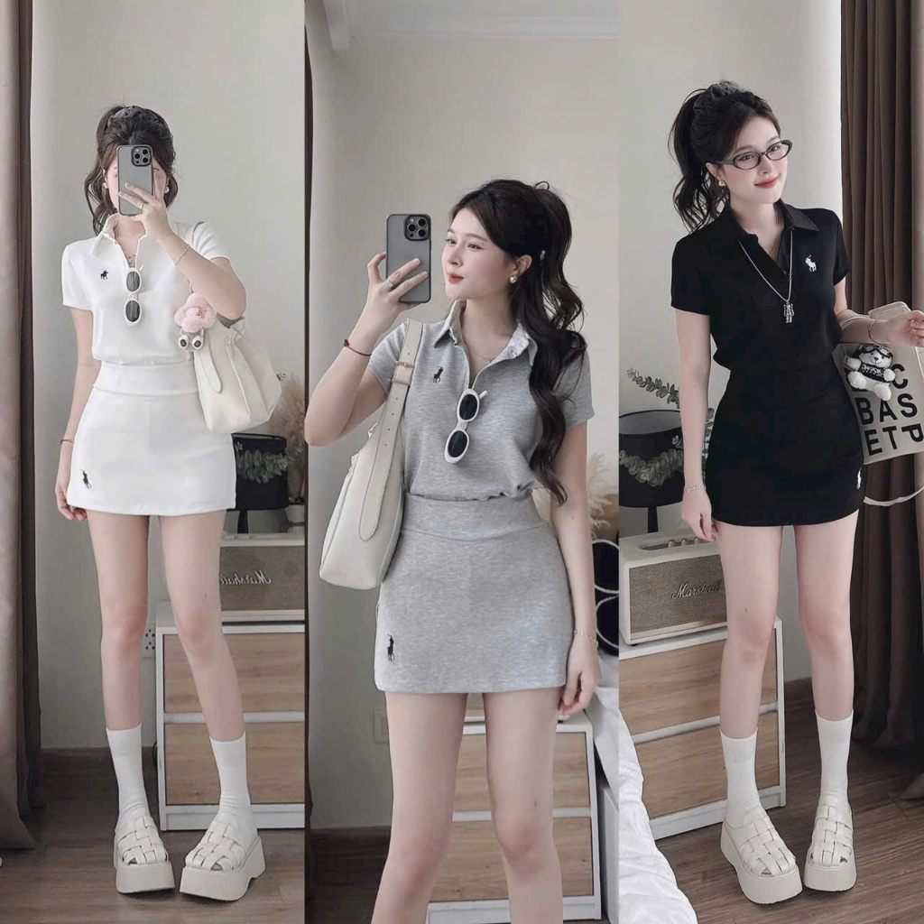 ชุดกระโปรงสั้น- ชุดกระโปรงผู้หญิงดีไซน์ชุดเสื้อโปโลแขนสั้นปักม้า+กระโปรงทรงเอแบบไดนามิกสําหรับออกไปเธอ