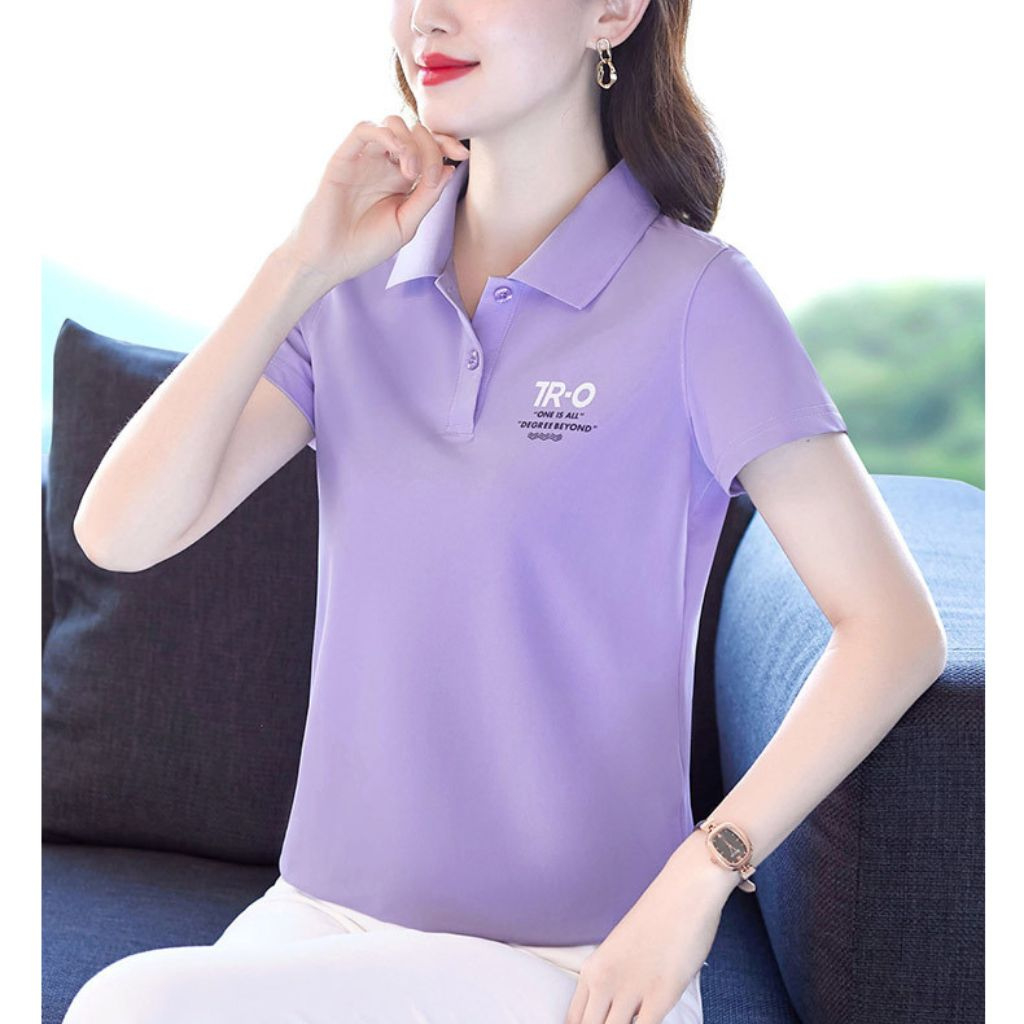 เสื้อโปโลผ้าฝ้ายแขนสั้นคอปก EMBROIDERED WITH PURPLE SATU[ATN]