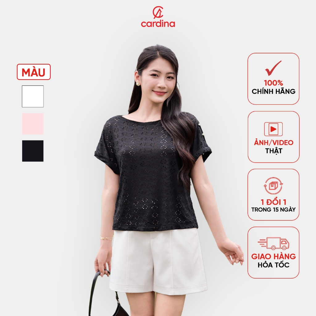 เสื้อยืดผู้หญิง CARDINA ผ้าคอตตอนปัก แขนเท่ๆ ทรงเบสิค 5ATC19