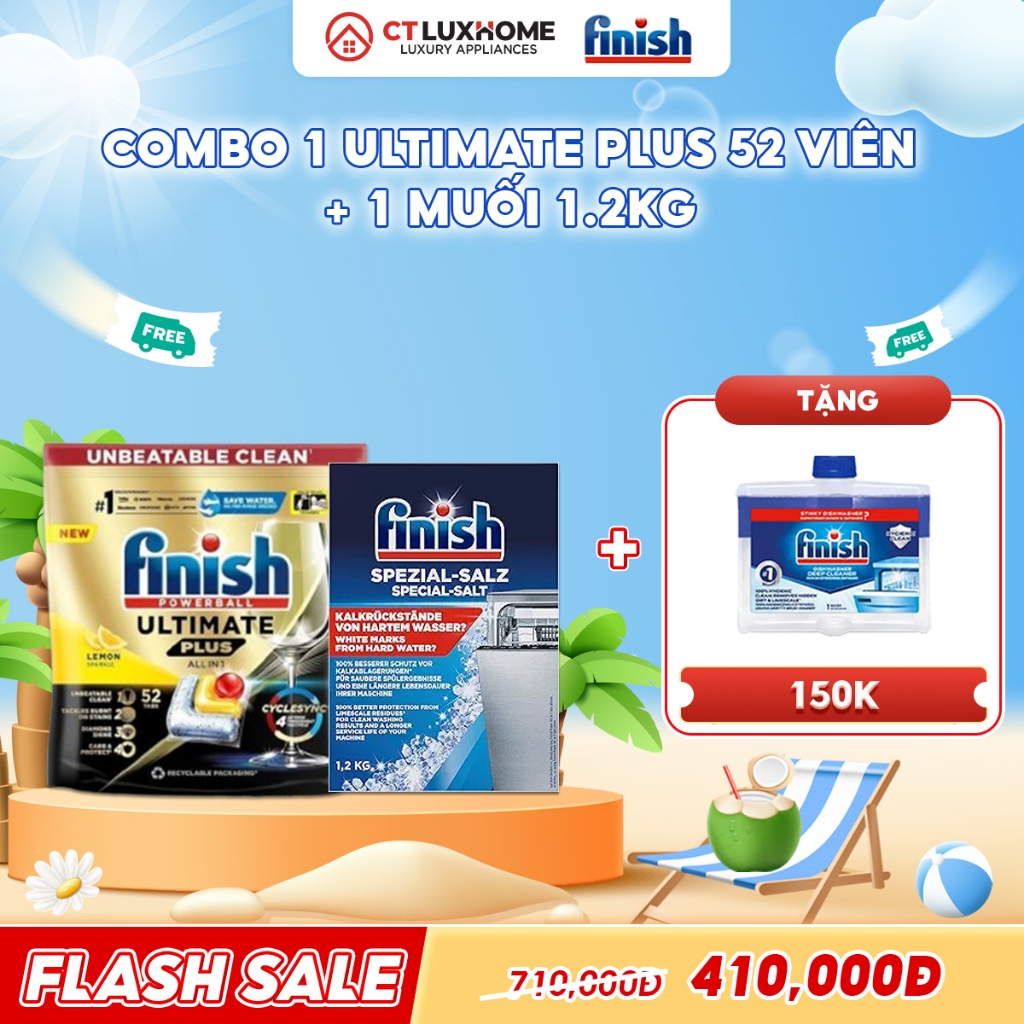 COMBO FINISH เม็ดล้างจาน Ultimate Plus 1 ถุง 52 เม็ด + เกลือล้างจาน 1 ชิ้น 1.2 กก.