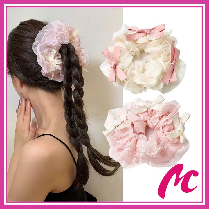 ยางรัดผมผ้าไหมชีฟองมีโบว์สีชมพูขาว ยางรัดผมสไตล์หวานสําหรับผู้หญิงสีพาสเทลอ่อนโยน_MC888