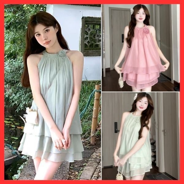 ชุดเซ็ตผู้หญิงเสื้อคล้องคอลายดอกไม้พร้อมกระโปรงบานสั้นผ้าชีฟองผ้าไหมน่ารัก ข378 กระทะ