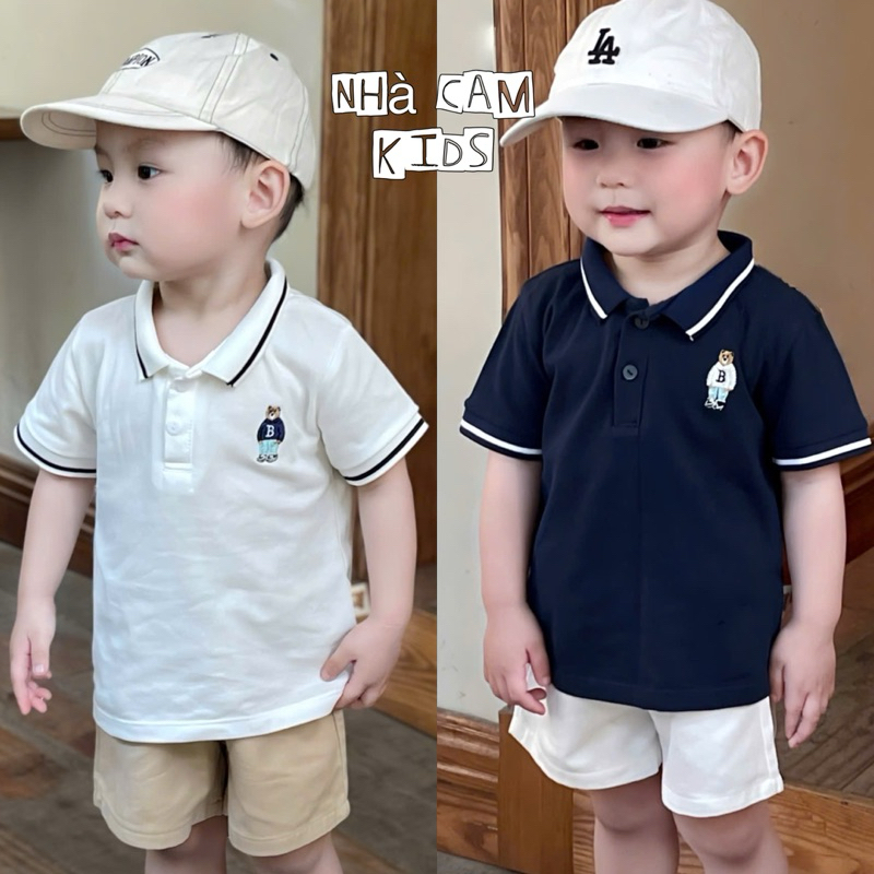 ที่รัก เสื้อสูทแฟชั่น เสื้อโปโลแขนสั้นคอปกเยอรมันคอปกหมีปักสําหรับเด็ก 2 สี ขาว - น้ําเงิน - ส้ม บ้าน