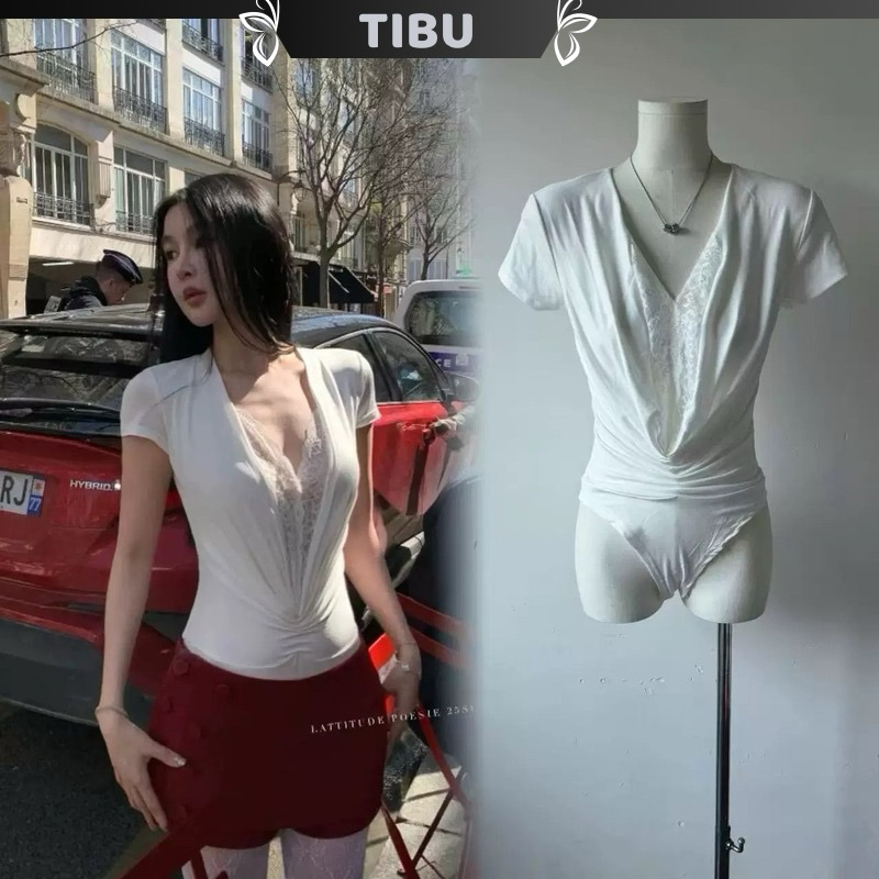 JENNIE V คอลูกไม้ Trim เสื้อแขนสั้น TIBU บอดี้สูท Embellished หน้าอกแยก Chic และเซ็กซี่ Beach Outing