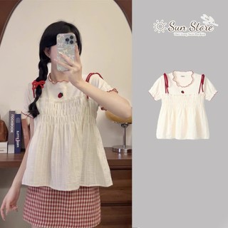 Áo thun nữ 2 mảnh tôn dáng phối viền có hình in dâu tây, Áo nữ babydoll tay ngắn dây đeo giả phong cách dễ thương