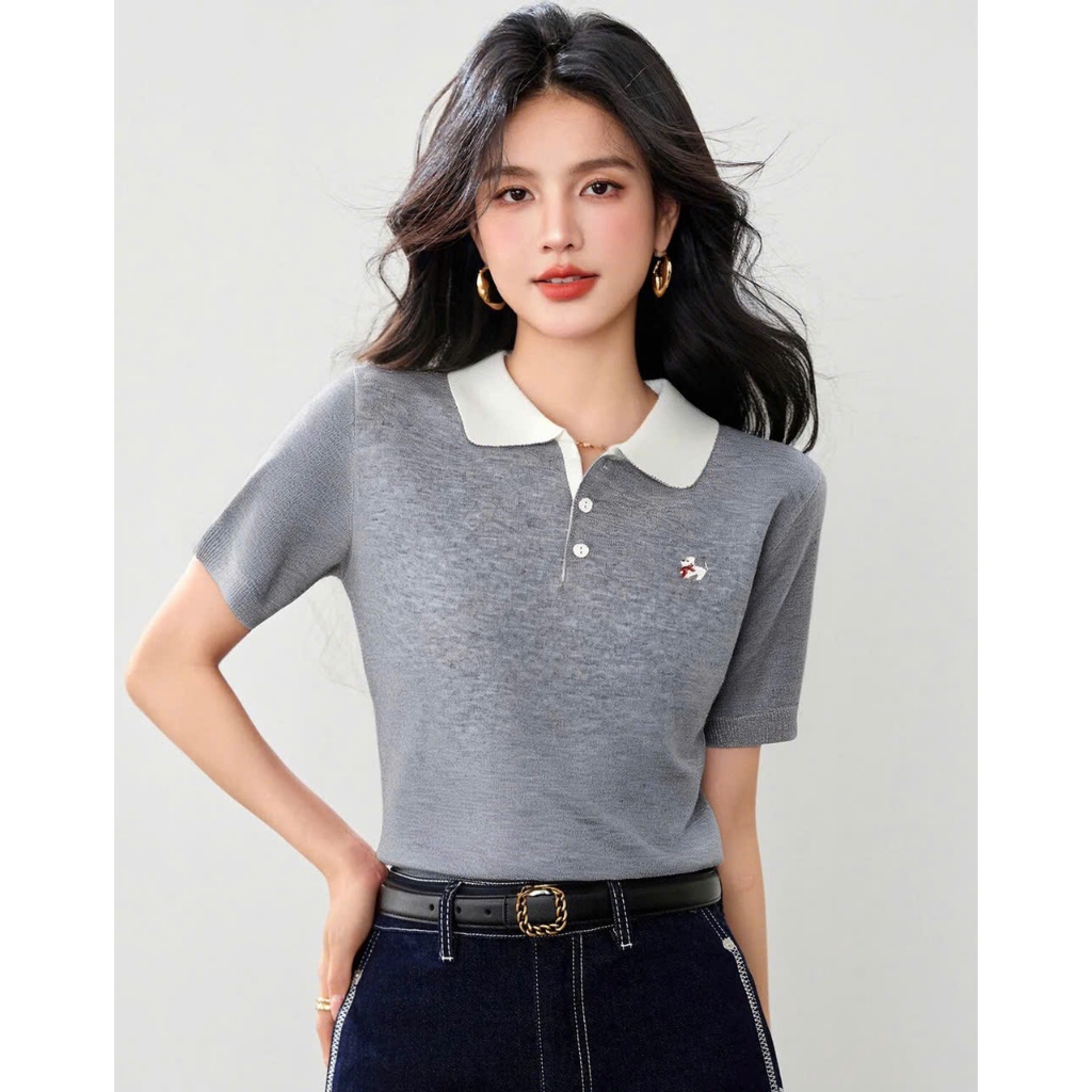 เสื้อยืดคอปกเปิดลง, เสื้อสเวตเตอร์โปโลแขนสั้นพร้อมงานปักสุนัข, โบว์เล็กที่หน้าอก, คอวีหลากสี monongt