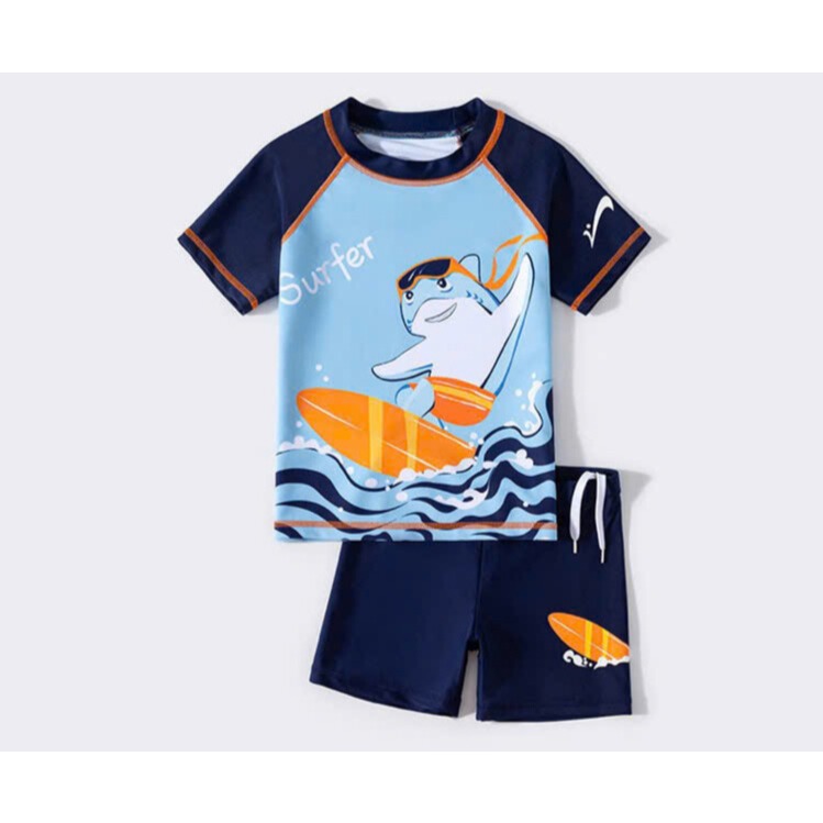 ชุดว่ายน้ําหลวมแขนสั้นเด็กชาย ชุดว่ายน้ํา DOLPHIN และ RIDE กางเกง 3 ชิ้น + เสื้อ + หมวก KMART KM33