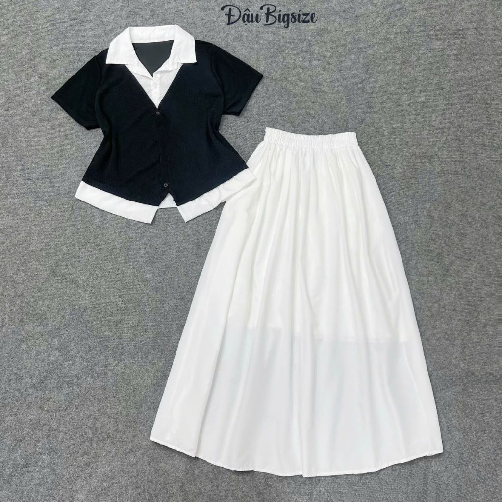 ชุดสไตล์ Muse ขนาดใหญ่สําหรับผู้หญิงกระโปรงยาว 60-90 กก. ผสมเสื้อคอปกเยอรมันพร้อมชุดกระโปรงเดี่ยว (S