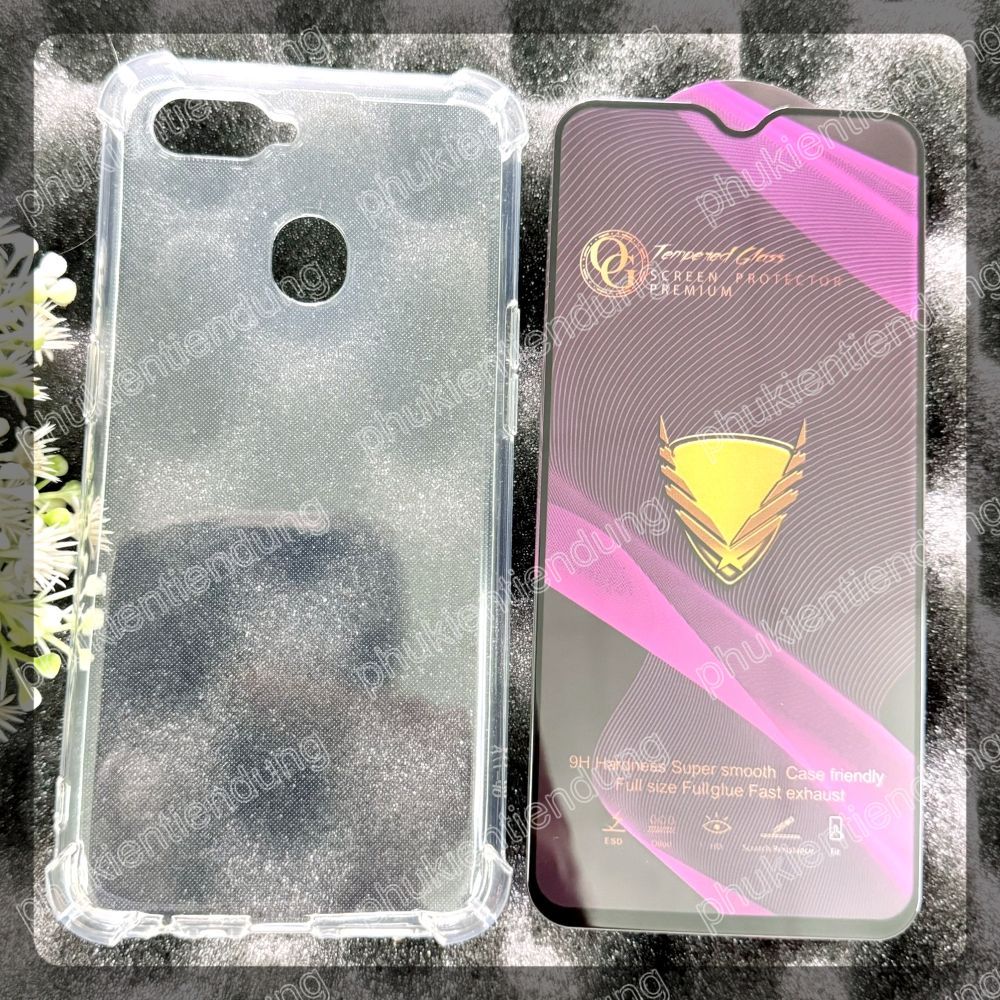 (COMBO F04) OPPO A5S / A7 / A12 - เคสกันกระแทกแบบใสยืดหยุ่นและกระจกนิรภัยแบบเต็มหน้าจอ OG