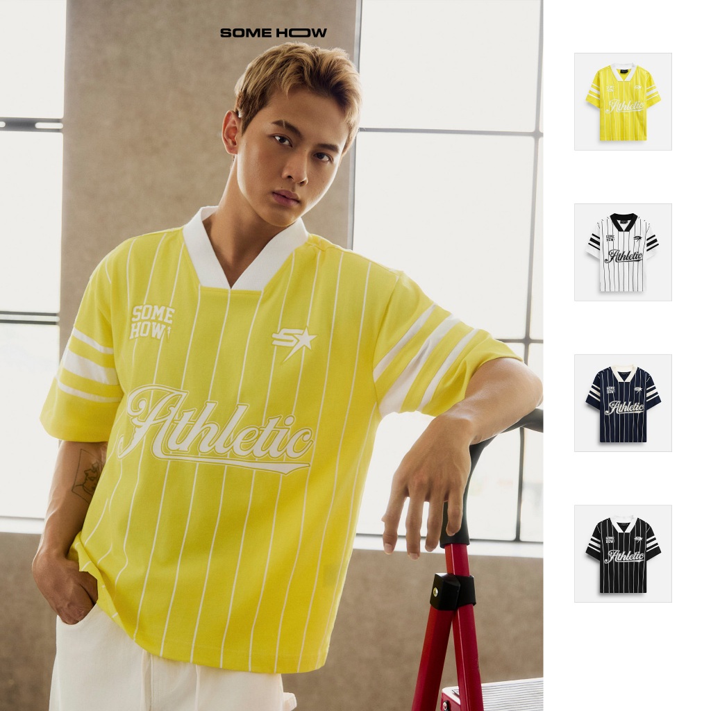 เสื้อยืด Boxy Athletic Stripes สําหรับผู้ชาย ผ้าคอตตอน ใส่สบาย AT0256 SOME HOW STORE