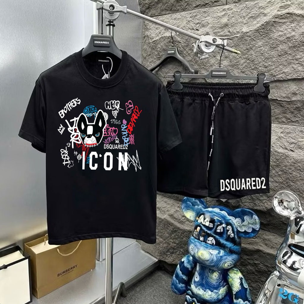 Cool DSQ puppy icon summer T-shirt set ผ้าคอตตอนยืดนุ่มโปร่ง Hottrend 2025