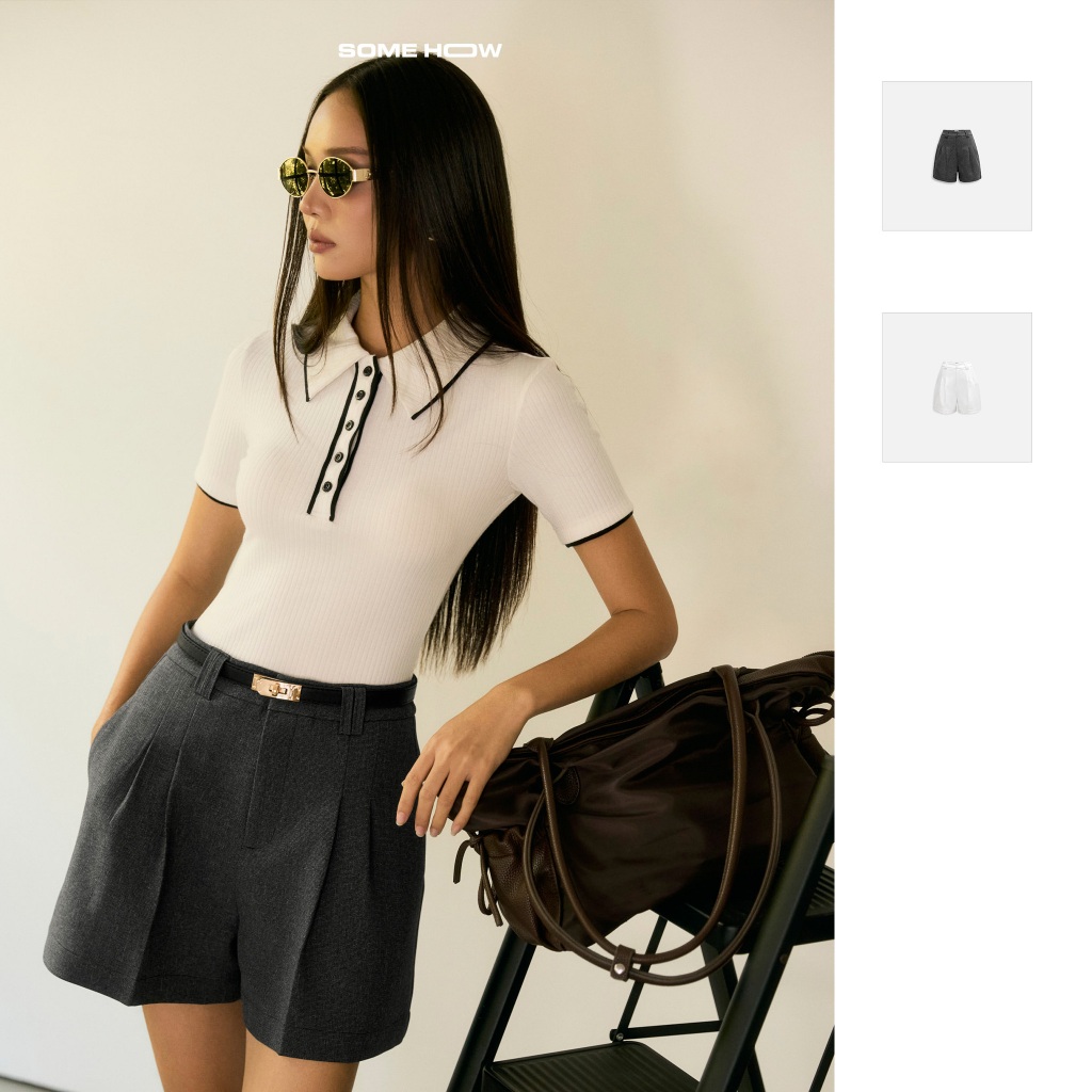 กางเกงขาสั้นเอวสูงจีบผู้หญิง ผ้าคอตตอน ใส่สบาย WQS017 SOMEHOW