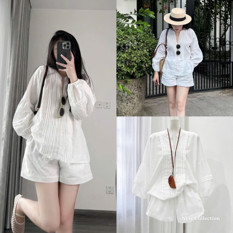 (รายการ L1 มี SM) เสื้อคอวี SET พร้อมชายจีบแขนยาวและกางเกงขาสั้นเอวยางยืดสีขาวอ่อนเยาว์ SALI SET