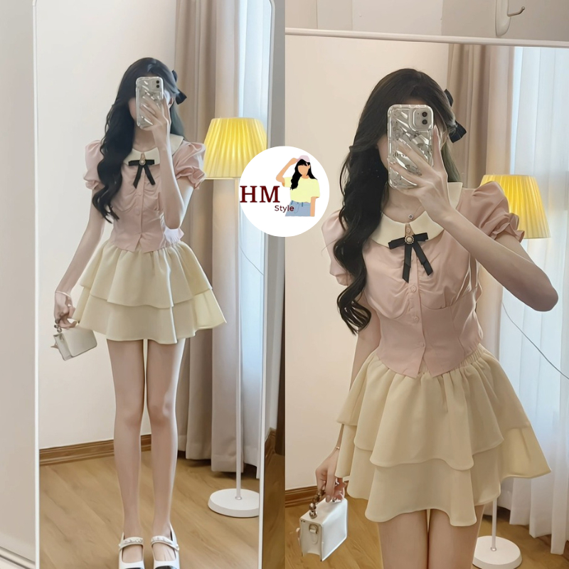 ชุดเดรสเชิ้ตสีชมพูเว้าเอวและกระโปรงเลดี้ไลค์ 2 ชั้นผูกโบว์ที่ถอดออกได้อ่อนโยนและผู้หญิง HB512