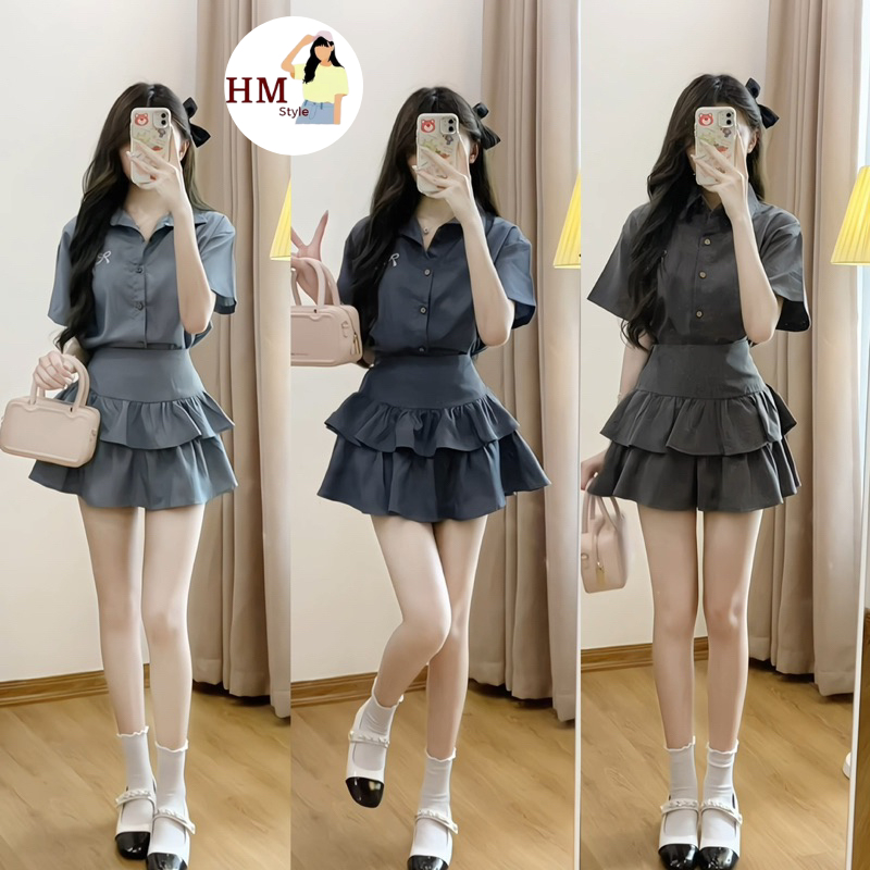 ชุดเสื้อโบว์ปักผสมกระโปรงบานสองชั้นพร้อมกางเกงกันใส่ไปโรงเรียนออกงานน่ารักสุดๆ HB907
