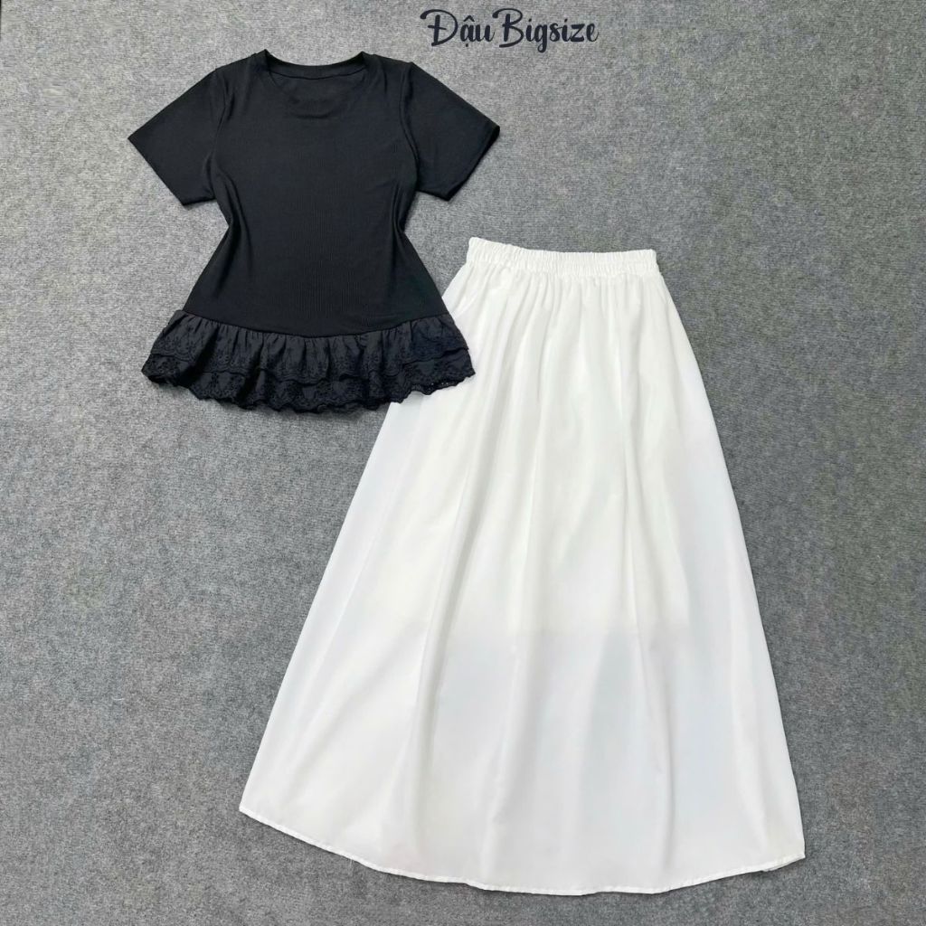 SET เสื้อยืดลูกไม้มีสไตล์ขนาดใหญ่ของผู้หญิงพร้อมกระโปรงยาวคอนซีลเลอร์ (A281-CV15)