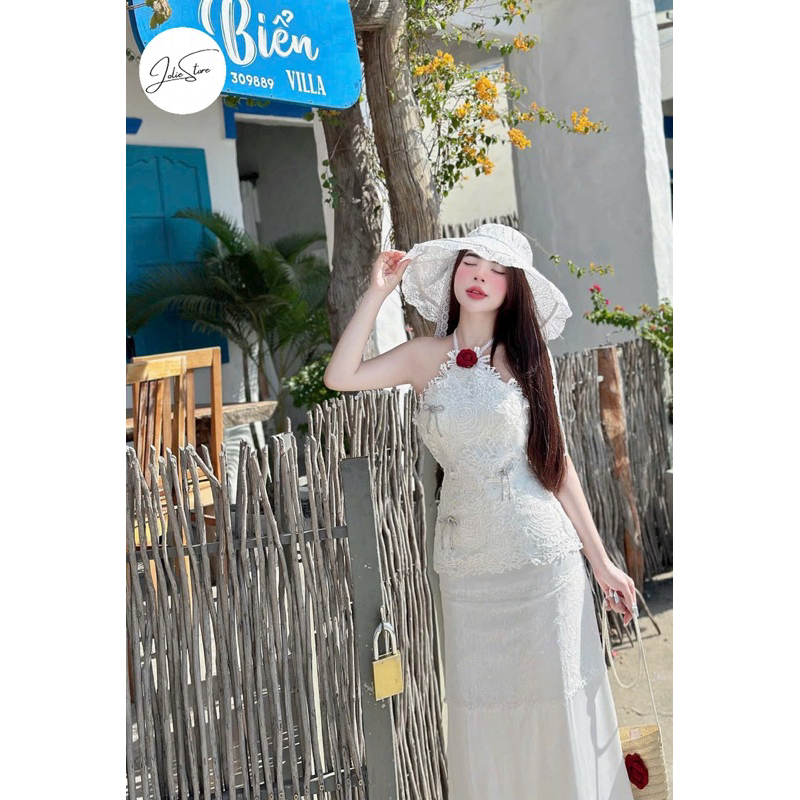 ออกแบบชุดเสื้อชั้นในสตรีลูกไม้ peplum พร้อมแท็กโบว์และดอกไม้ + กระโปรง midi -Jolie Store