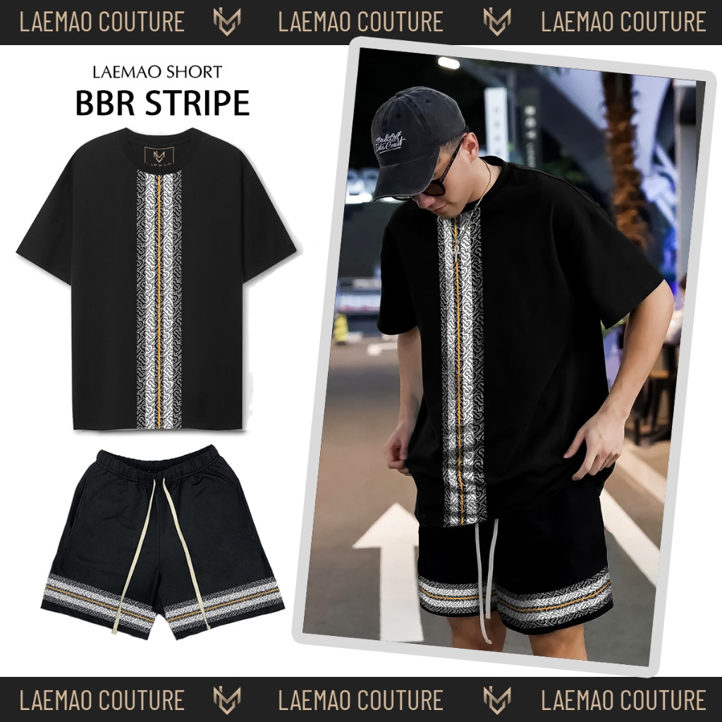 LAEMAO เสื้อยืด SET ผ้าคอตตอนลาย BBR STRIPE (ลายทาง) BLACK SHIRT