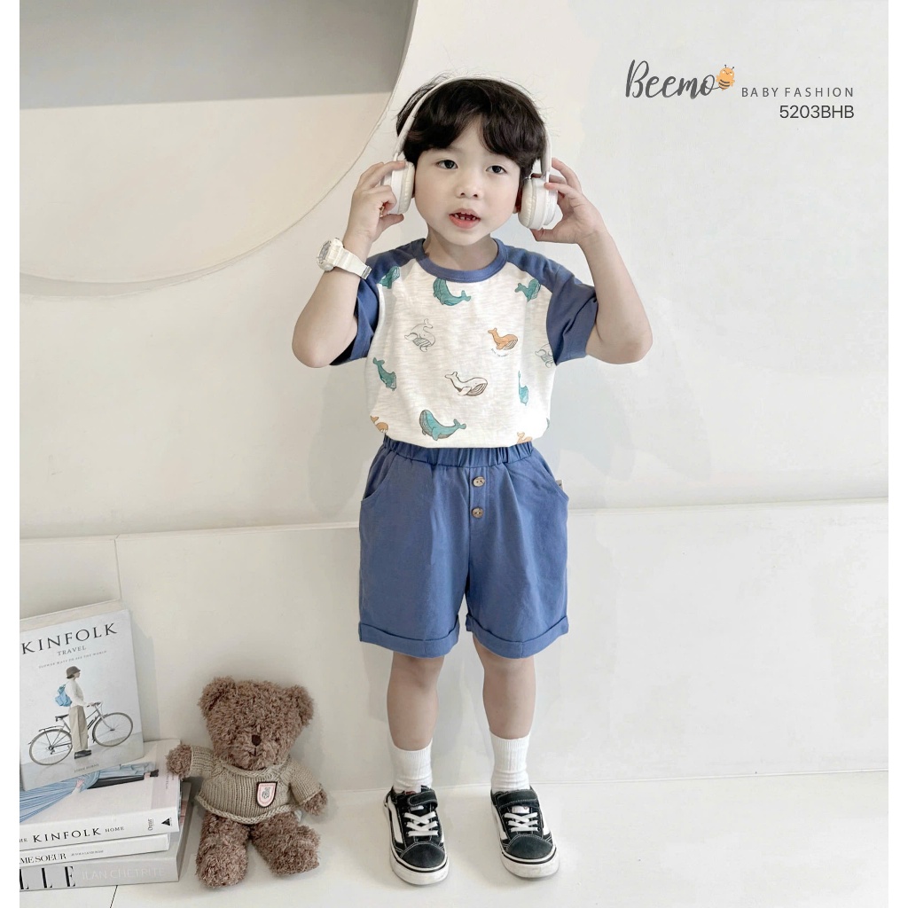 ชุดแร็กแลนแขนสั้น Beemo พิมพ์ลายปลาวาฬ ผ้าคอตตอนแซบเท่ สําหรับเด็กผู้ชาย ตั้งแต่ 9-24กก. 5203BHB