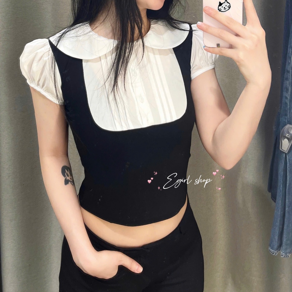 เสื้อครอปเลดี้คอปกระบาย เสื้อยืดลาย เสื้อแขนสั้นสไตล์ Egirl น่ารัก