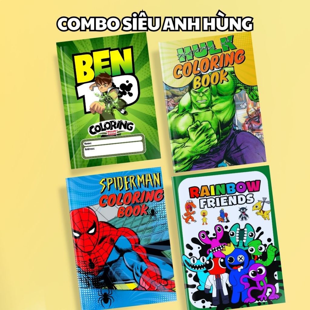 Combo of 4 สมุดระบายสีซูเปอร์ฮีโร่, กล่องระบายสี Ben 10, Hulk, Spider-Man, Rainbow Freinds - A5 Soft