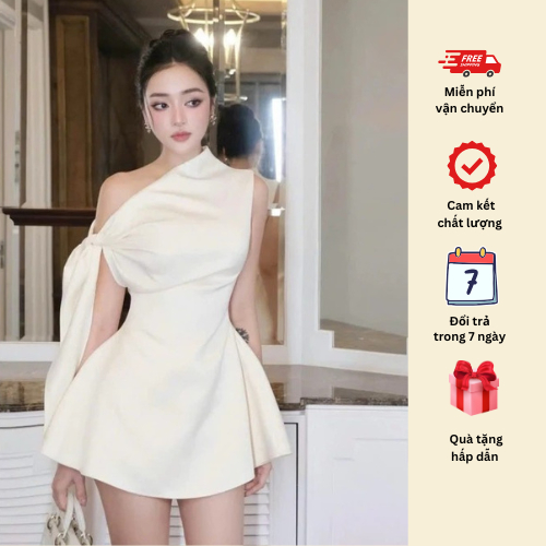 เดรสดีไซน์เปิดไหล่สุดเก๋มีโบว์และเอวบาน (V66)