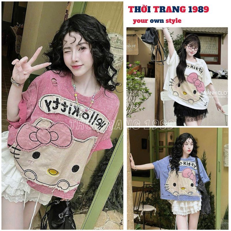 เสื้อยืด Hello kitty พร้อมเสื้อเชิ้ตสไตล์วัยรุ่นฤดูร้อนผ้าฝ้ายพิมพ์ลาย 3 มิติ เสื้อยืดแบรนด์ท้องถิ่น - 1989