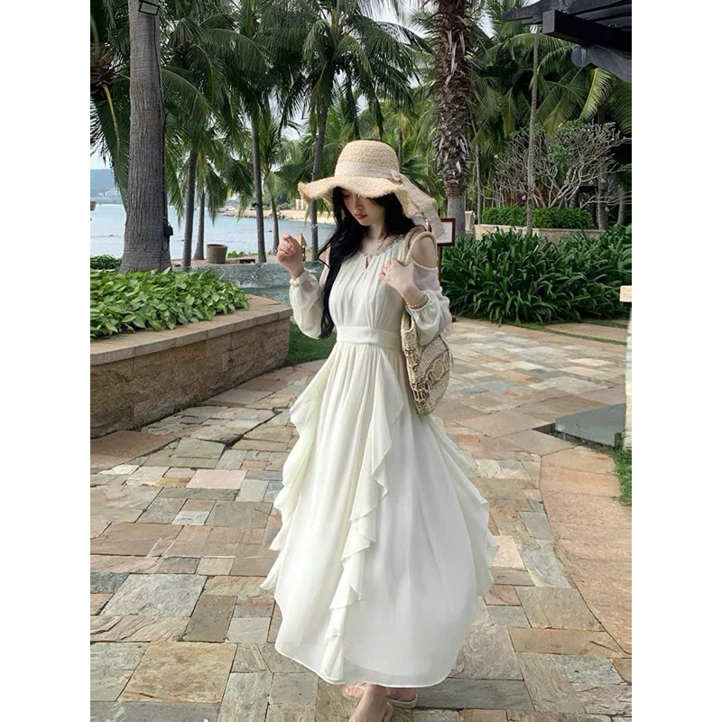 BECHIC MAXI CHALLENGE Dress เดรสชีฟองสีขาวหูยาวและคอปกสําหรับออกไปข้างนอกและการเดินทางหรูหราบนท้องถน