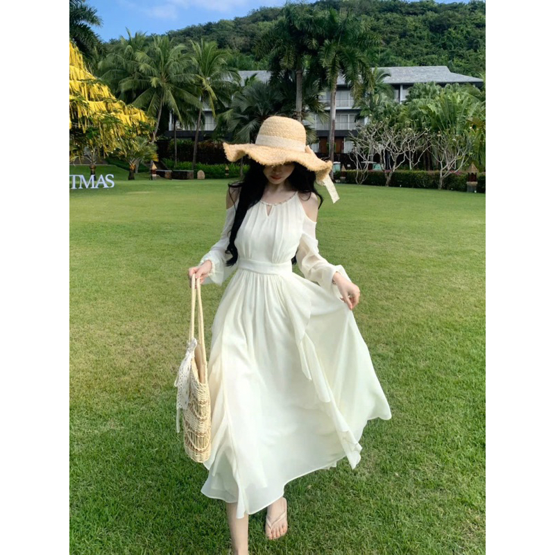 BECHIC แม็กซี่เดรสแขนยาวผ้าชีฟองสีขาวแม็กซี่เดรสสําหรับการเดินทางชายหาดระดับไฮเอนด์