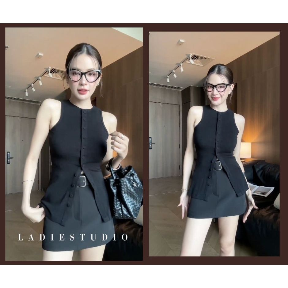 Élise Top เสื้อกล้ามเข้ารูปคอกลมและกระดุมสูง AO96 Ladie Studio