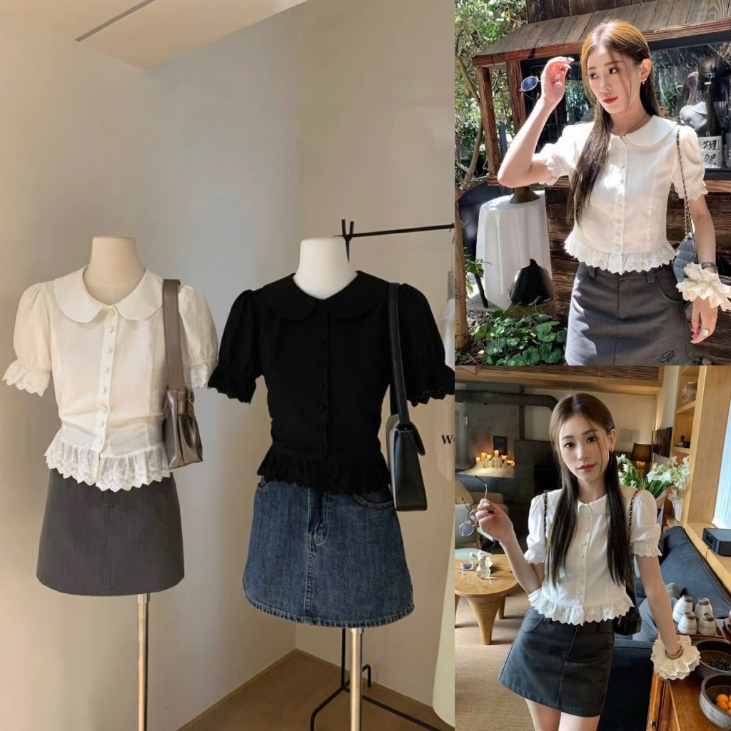 เงิน6959 WGWE A738 เสื้อคอปกลูกไม้ สไตล์เลดี้เกาหลีน่ารัก ราคาไม่แพงสําหรับนักเรียน SLN