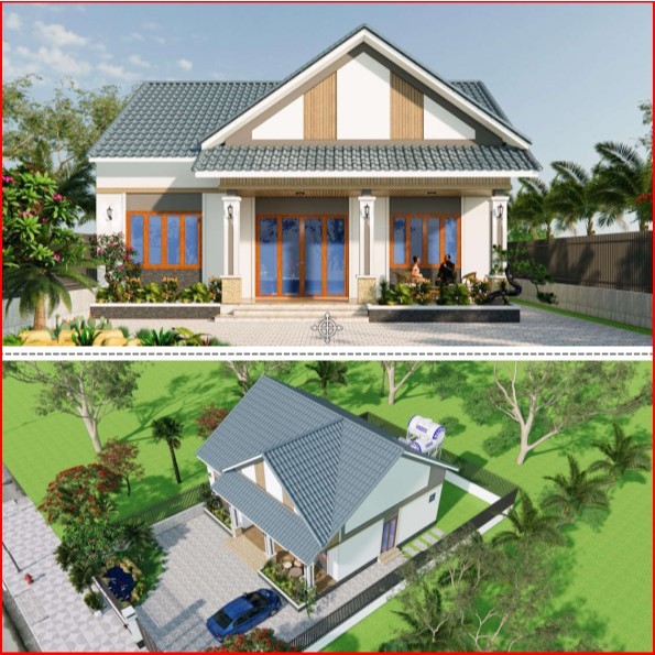 Dk330 12m2x10m7 Home Drawing Level 4 หลังคาไทยพิมพ์บนกระดาษ A3, Full 3D สี, สถาปัตยกรรม, โครงสร้าง, 