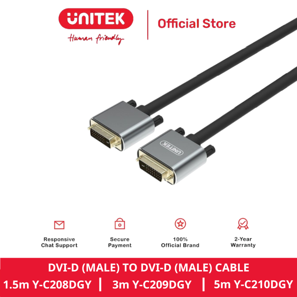 สาย DVI-D (M) มาตรฐาน 24+1 (Dual Link) UNITEK 1.5m Y-C208DGY, 3m Y-C209DGY, 5m Y-C210DGY