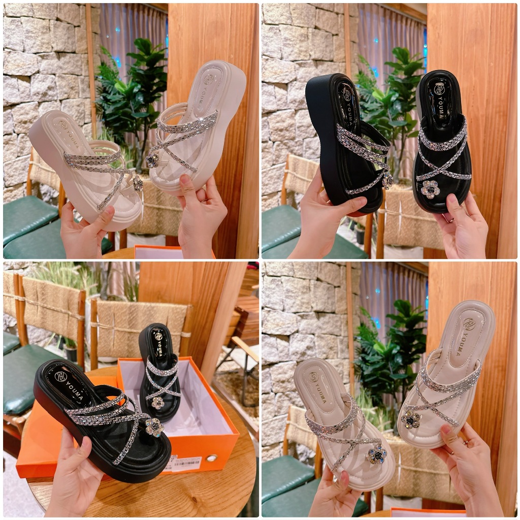 รองเท้าแตะขนมปังพร้อมแท็กดอกไม้ลูกปัด DE4033