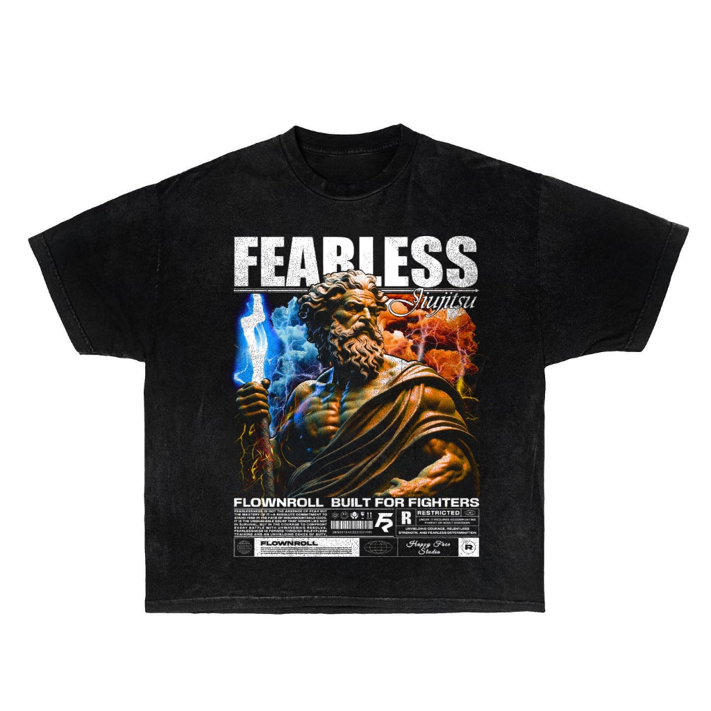 เสื้อยืด Unisex สําหรับผู้ชายและผู้หญิง สีดํา รูปแบบหลวม ผ้าฝ้ายหนา พิมพ์ลายภาพพระเจ้า Zues fearless