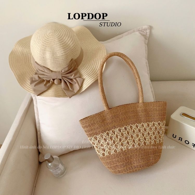 หมวก Combo, กระเป๋าฟาง, กระเป๋าล็อคไดนามิกอ่อนเยาว์สีสันสดใส T04M08 LOPDOP STUDIO