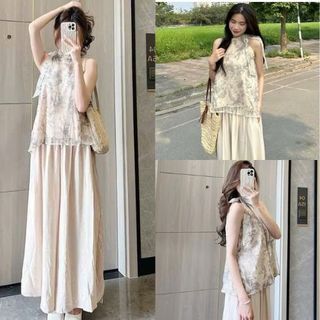 Set đồ nữ- Set áo yếm thắt dây nơ cổ chất liệu voan mềm mại mix quần xuông ống rộng thoải mái hoạt động đi dạo đi biển