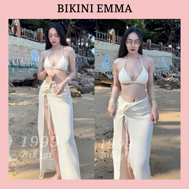 BIKINI EMMA SET บิกินี่ขนสัตว์ 3 ชิ้นหรูหราลายดอกไม้ยาวประดับ