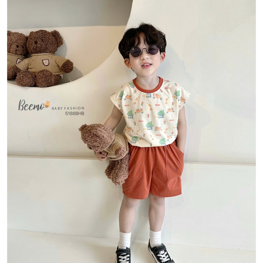 Beemo three-hole Set พิมพ์ลายล้นหมีมีความสุขในผ้าคอตตอนเย็นสําหรับเด็กผู้ชายตั้งแต่ 9-24กก. 5188BHB