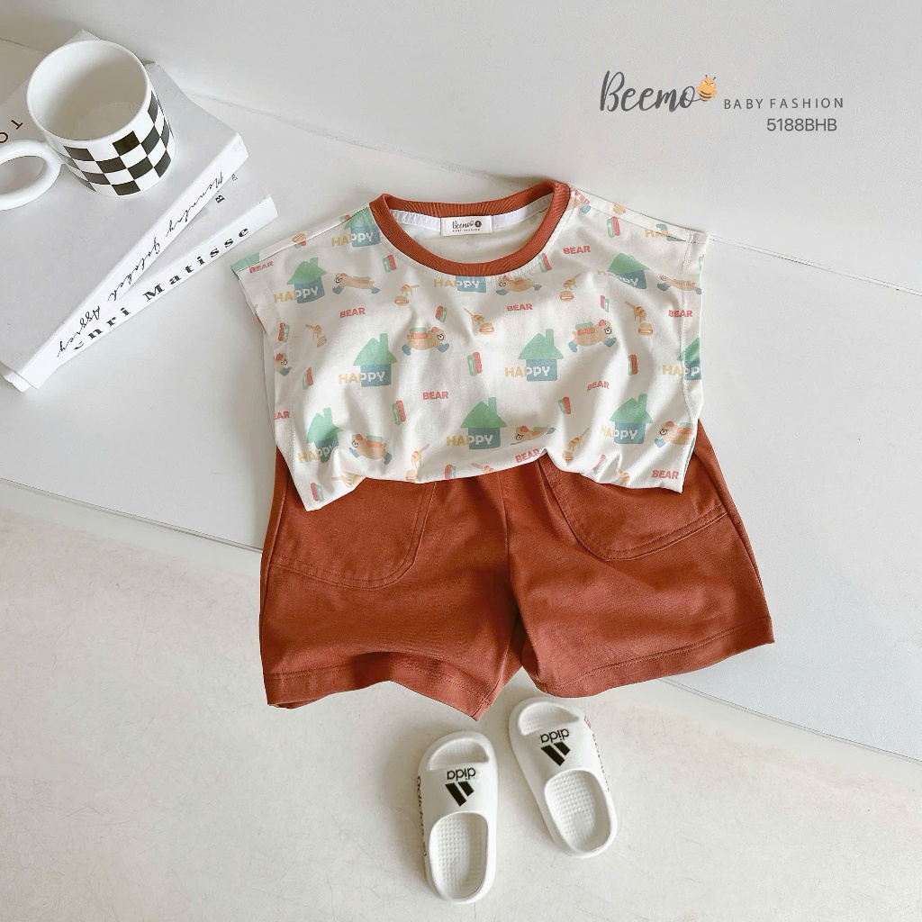 Beemo three-hole set พิมพ์ลายล้นหมีมีความสุขในผ้าคอตตอนเย็นสําหรับเด็กผู้ชายตั้งแต่ 9-24กก. 5188BHB