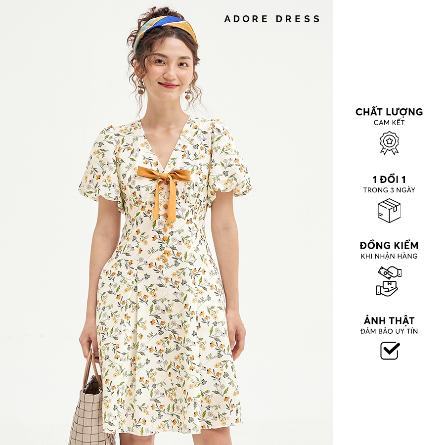 511DR1014 - ADORE DRESS สีเหลืองเดซี่ไหมมินิ DRESSคอปกโบว์