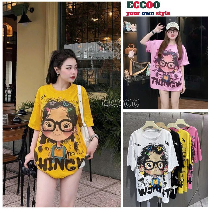 สาวสวมแว่นตาเสื้อยืดหลวมพิมพ์ลายคมชัด2ด้านทําจากผ้าฝ้ายสําหรับผู้หญิงที่จะสวมใส่ในช่วงฤดูร้อนกับบุคลิกภาพ- เอคโก้